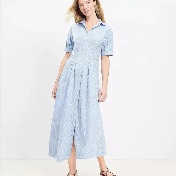 LOFT Light Blue and White Striped Shirtdress (Size 6) - Picture 3 of 10